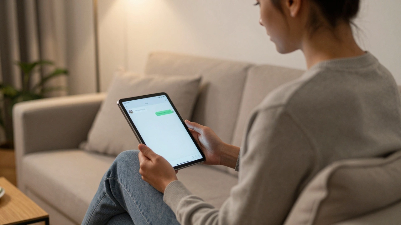 Independent escort in a quiet apartment, holding a tablet with a private message on screen.