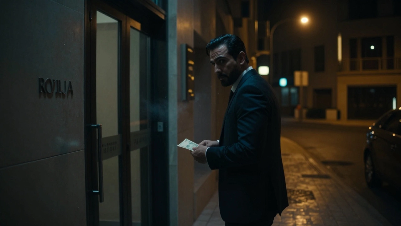 Man in suit hesitating in a dim alley behind a Dubai hotel, holding cash envelope at night.